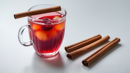 A glass mug of hot mulled wine with cinnamon sticks on a white surface.