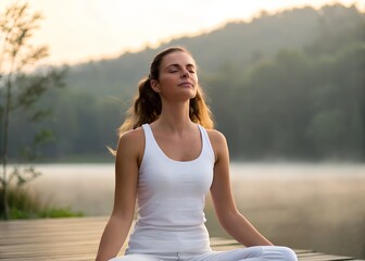 Fototapeta premium woman in static pose focusing on her breath and mindfulness radiating tranquility