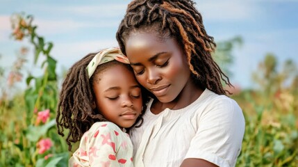 Obraz premium Daughter resting on mother's lap, eyes closed at sunset.