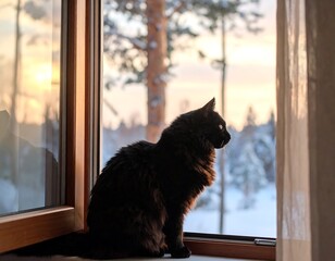 Black cat by winter window