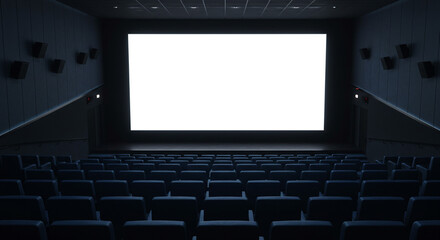 Naklejka premium Empty cinema auditorium with bright blank screen ready for presentation or movie premiere