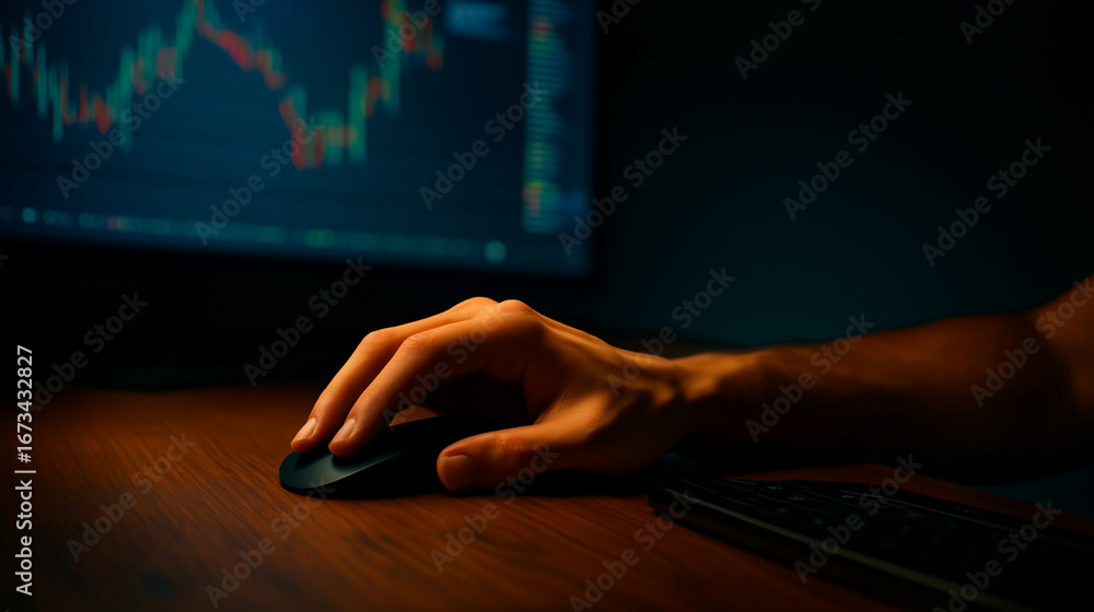 Poster a hand using a computer mouse with a stock chart displayed on the screen