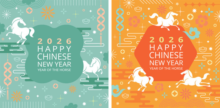 2026 Chinese New Year background with horses, lanterns, clouds, and traditional decorative elementsin Flat Design Style, for year of the horse design, cover,Social Media, Card or Banner Templates