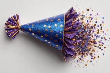 Party hat, confetti explosion on white