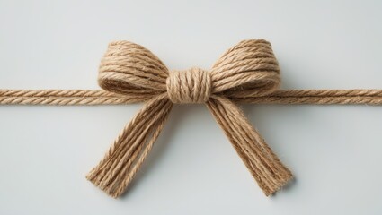 Rope tied in a bow with a knot, beige color, on a light background.