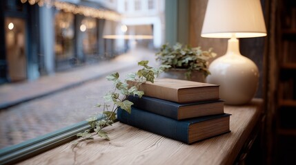 Quiet bookstore window scene with stacked hardcover books, potted ivy trailing over a wooden windowsill, and a vintage ceramic table lamp glowing softly, blurred cobblestone street view outside