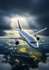 Fototapeta premium A passenger airplane flies through a dramatic, stormy sky with powerful sunbeams breaking through the dark clouds, symbolizing hope and safe travel.