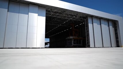 Massive industrial hangar doors open to reveal a large interior space with machinery - Powered by Adobe