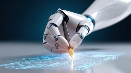 Cybernetic Composition: A sleek robotic arm meticulously crafts futuristic data lines, symbolizing the fusion of innovation and technology in a stunning digital artwork.