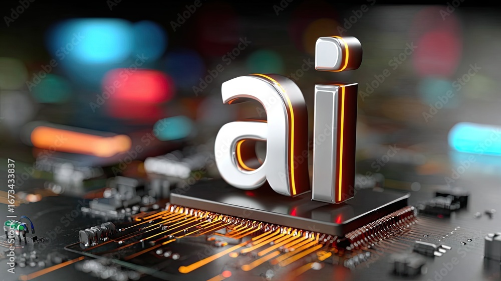 Poster ai logo in circuit: a captivating 3d rendering of the ai logo atop a complex circuit board, with the