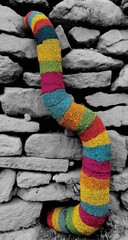 A colorful, striped object, resembling a snake or a long, textured sock, rests against a gray stone wall.