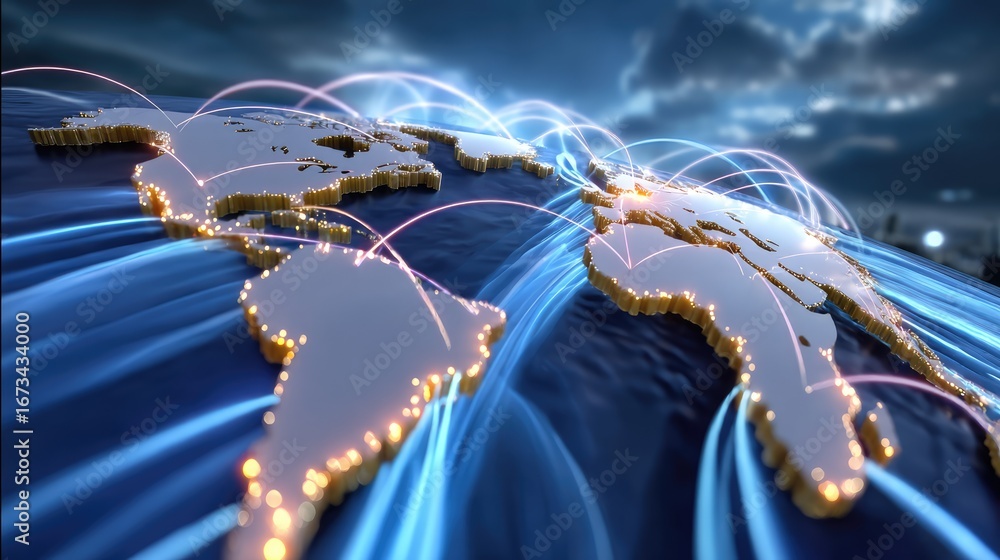 Poster global network: a dynamic depiction of interconnectedness, highlighting the world map with luminous 