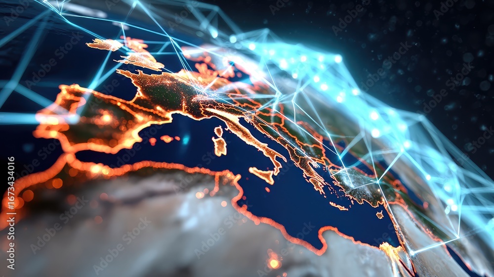 Poster digital globe: a stunning visual representation of the earth, interconnected by a network of luminou
