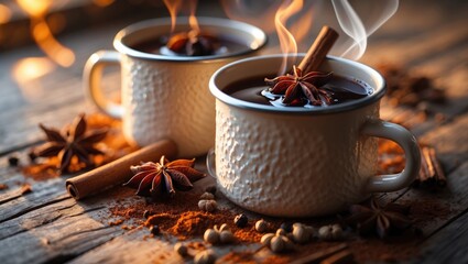 Warm beverage with cinnamon sticks, star anise, and spices on rustic wooden table. Comfort and coziness, seasonal drink concept. Warm drinks and spices. The concept of cozy and warm beverages