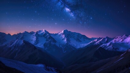 Snow-capped mountains under a starry night sky with vibrant galaxy above.