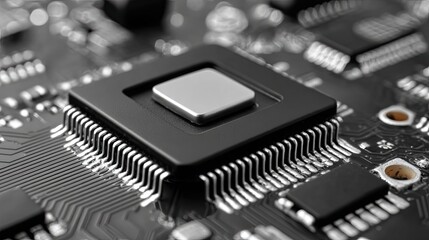 Detailed Microchip: A close-up, captivating view of a sophisticated microchip, revealing the intricate details of modern technology, conveying the essence of innovation.