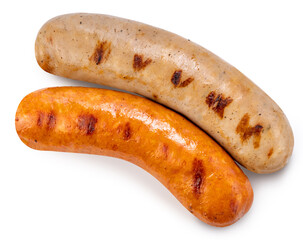 Two types of sausages, smoked and barbecue, served and isolated on white background with clipping path, perfect for food menu and cooking design.