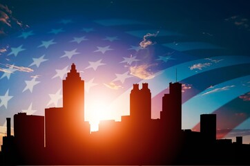 Beautiful city skyline silhouette with USA flag