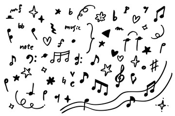 シンプルなモノクロ音符と楽譜記号セット — 手描き風の音楽イラスト素材