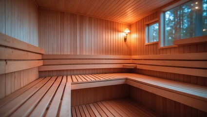Interior of a wooden sauna with benches and warm lighting.