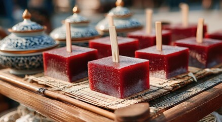 Red popsicle cubes on wooden tray