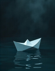 Obraz premium Fragile Paper Boat Floating Alone on Calm Dark Water at Night