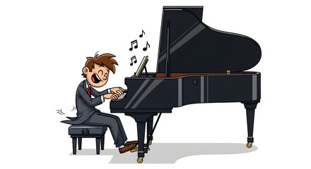 Joyful cartoon pianist in a formal suit playing a grand piano with energetic passion, a whimsical musical performance illustration