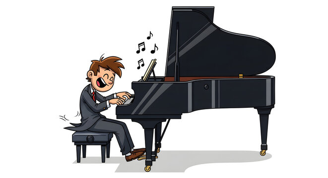 Joyful cartoon pianist in a formal suit playing a grand piano with energetic passion, a whimsical musical performance illustration