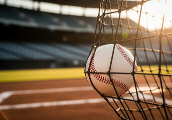 A white baseball with red stitching is caught in the goal net on a sunny day at a sports field, with the warm light of sunset in the background.