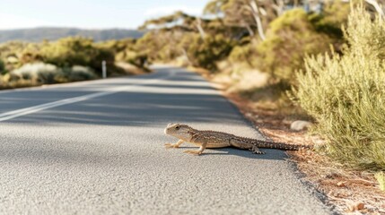 Naklejka premium Goanna lizard crossing road in Australian bush.