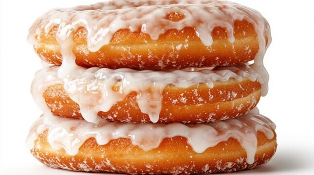 Glazed donut stack close up video, dripping sugar icing, delicious dessert background, sweet bakery food footage for advertising, confectionery stock clip with shiny texture and white glaze