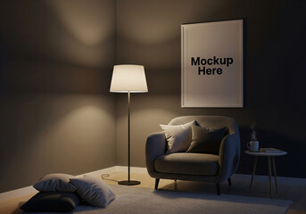 A blank vertical poster hangs on a dark wall in a moody, modern living room, illuminated by a stylish floor lamp next to a comfortable armchair.