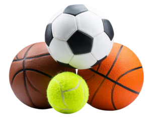 Angled Perspective of Mixed Sports Balls, Dynamic Arrangement, Isolated PNG