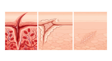 Detailed Medical Illustration of the Human Skin Wound Healing Process and Subsequent Scar Formation Stages