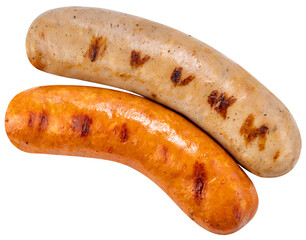 Two types of sausages, smoked and barbecue, served and isolated on white background with clipping path, perfect for food menu and cooking design PNG file.