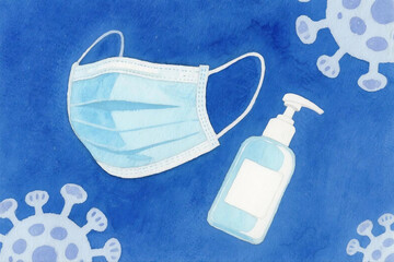 Watercolor illustration of mask and sanitizer, hand-drawn pandemic awareness theme