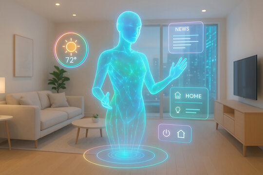 Futuristic holographic human interface displaying weather news and home controls in modern living room