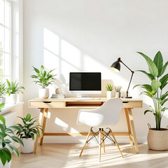 Workspace in home office featuring a clean wooden desk placed by a desktop computer adorned with lamp and potted plants and a chair bathed in soft light through glass window 