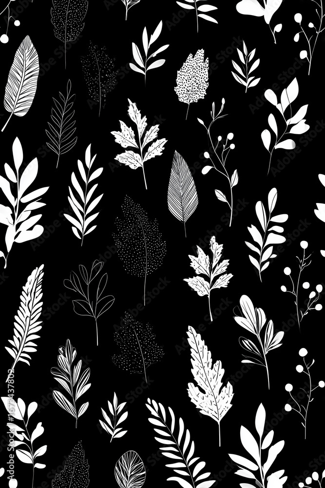 Poster A monochrome pattern with various types of leaves and branches on black background