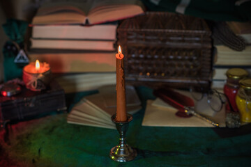 Dark academia concept. Studying and book stuff on a table