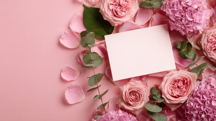 Beautiful arrangement of pink roses and hydrangeas with green leaves and blank card on pink background