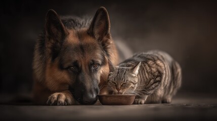 A German Shepherd dog and a tabby cat share a meal.  Close-up, intimate portrait