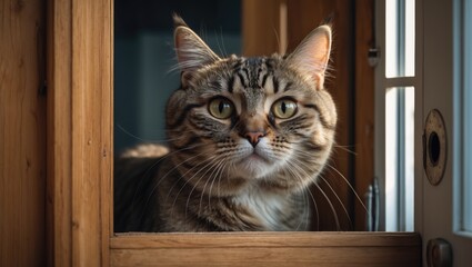 A close-up of a tabby cat looking through a wooden frame near a window.