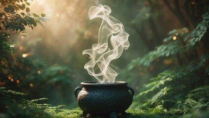 A steaming incense burner in a lush forest setting with sunlight filtering through the trees.