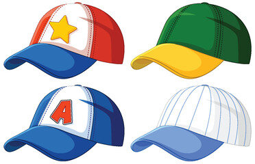 Colorful Baseball Caps Vector Illustration Set