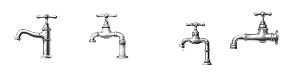 Vintage Silver Faucet Collection on White Background