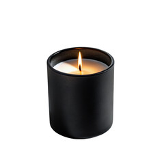 A lit black scented candle in a glass jar with a flickering flame isolated on transparent background