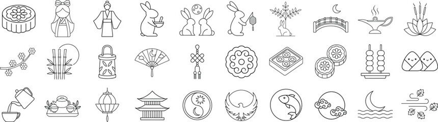 mid autumn mooncake festival outline icon set