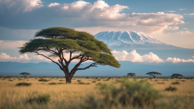 A lone tree in the savannah with Mount Kilimanjaro in the background, under a cloudy sky. Landscape scene, nature, Africa, mountain.