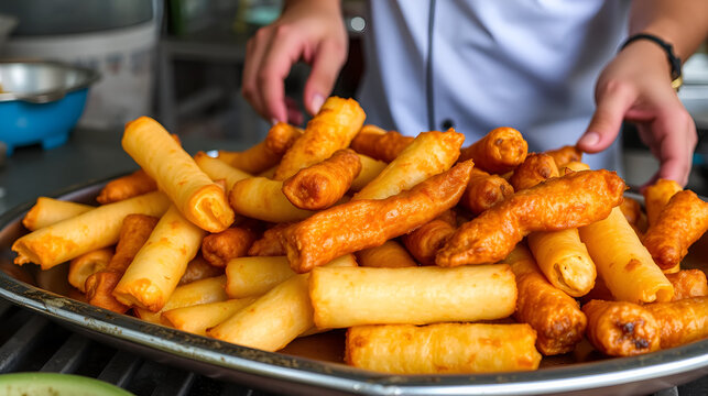 Fried cassava or telo, Indonesian traditional snack, on a metal tray after chef finished cooking.